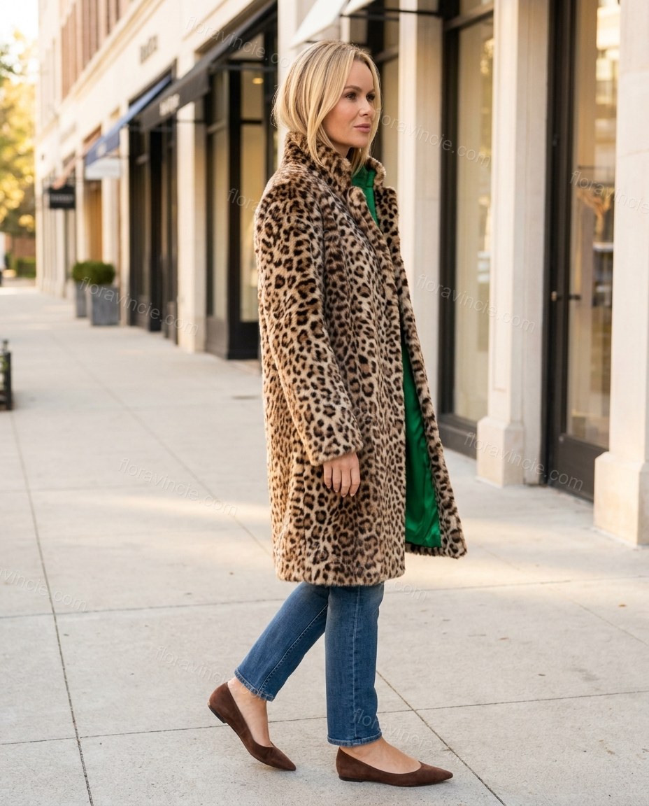 Brown Leopard Print Faux-Fur Coat, walking lifestyle view, by Floravincie