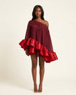 Burgundy Mini Off-Shoulder Ruffled Dress, side and back studio view, by Floravincie
