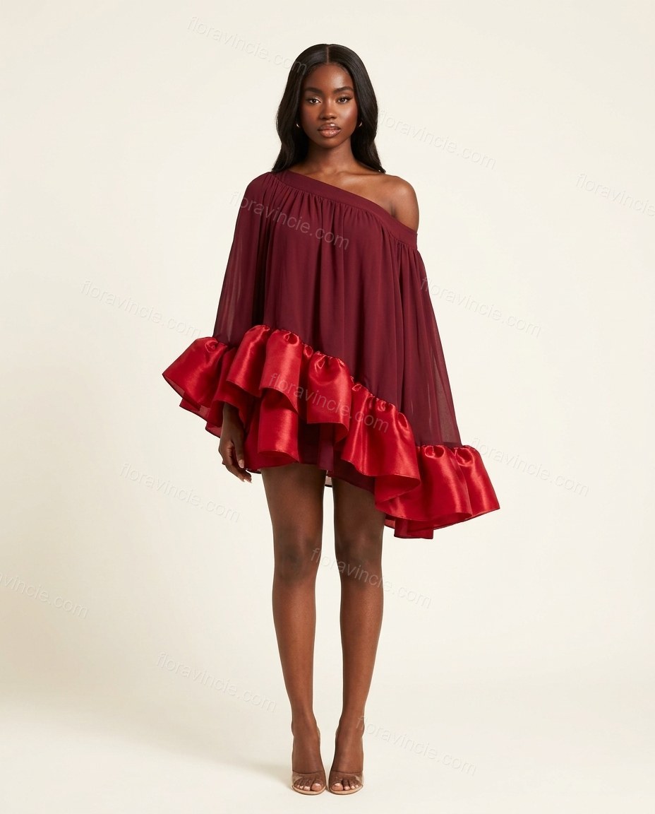 Burgundy Mini Off-Shoulder Ruffled Dress, side and back studio view, by Floravincie