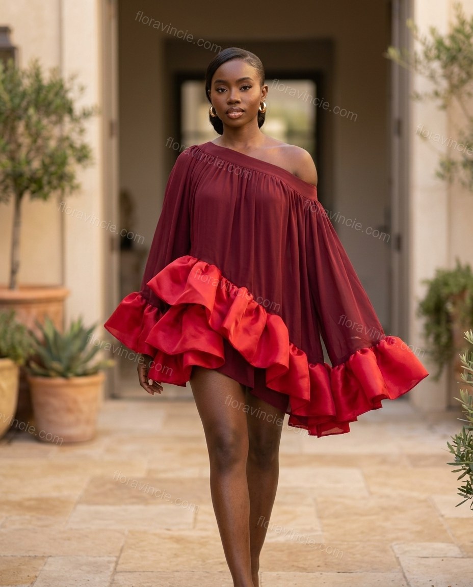 Burgundy Mini Off-Shoulder Ruffled Dress, walking lifestyle view, by Floravincie