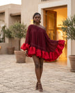 Burgundy Mini Off-Shoulder Ruffled Dress, three-quarter brand lifestyle view, by Floravincie