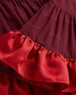 Burgundy Mini Off-Shoulder Ruffled Dress, close-up of ruffles, gathered sleeves and off-shoulder neckline, by Floravincie