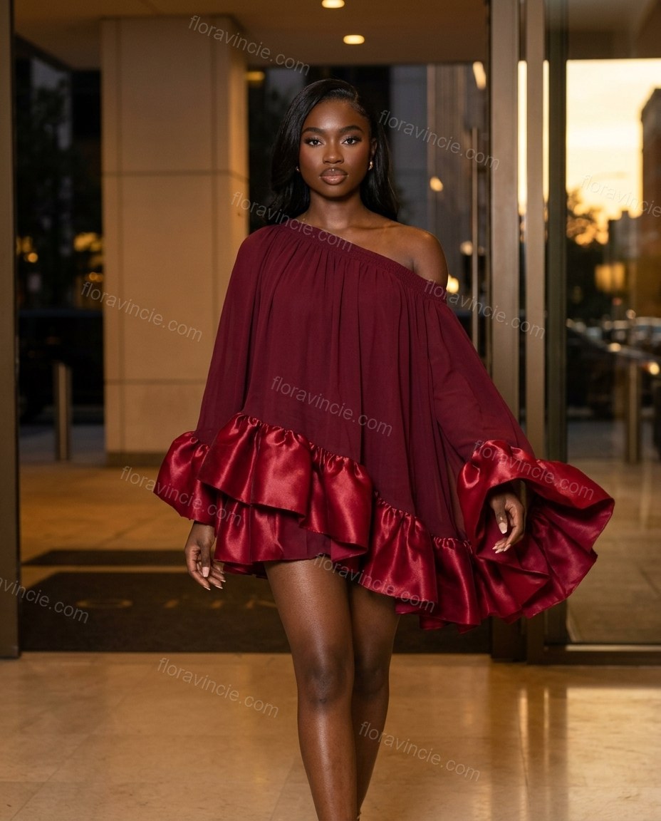 Burgundy Mini Off-Shoulder Ruffled Dress, movement and fit lifestyle view, by Floravincie