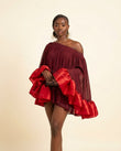 Burgundy Mini Off-Shoulder Ruffled Dress, full-length hero view, by Floravincie