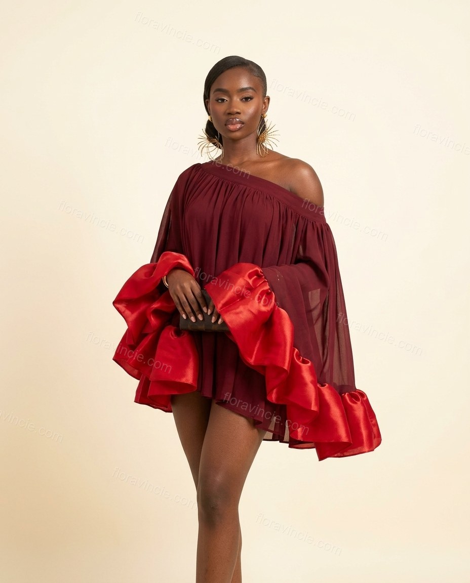 Burgundy Mini Off-Shoulder Ruffled Dress, full-length hero view, by Floravincie