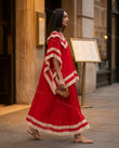 Red Striped Maxi Tiered Dress, walking lifestyle view, by Floravincie