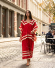 Red Striped Maxi Tiered Dress, three-quarter brand lifestyle view, by Floravincie