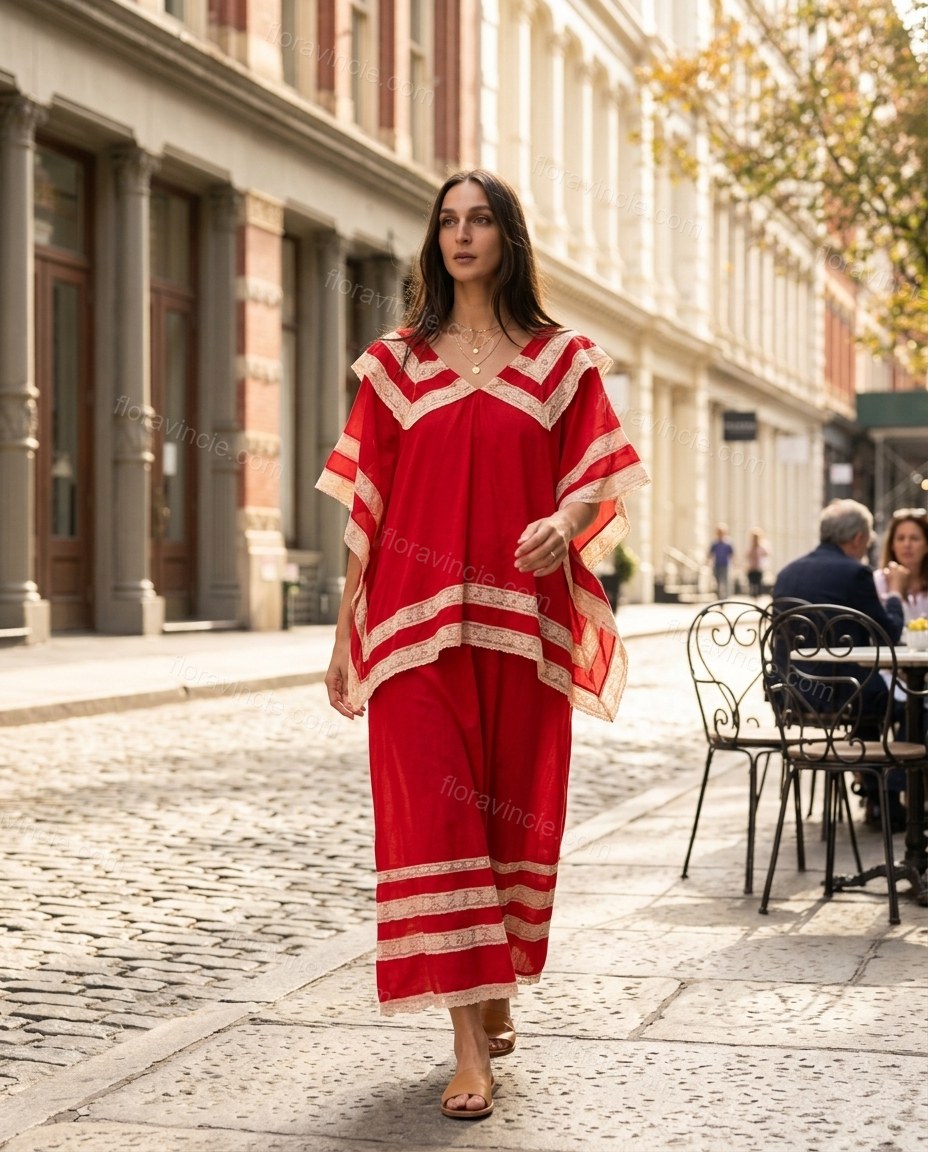 Red Striped Maxi Tiered Dress, three-quarter brand lifestyle view, by Floravincie