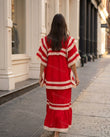 Red Striped Maxi Tiered Dress, movement and fit lifestyle view, by Floravincie