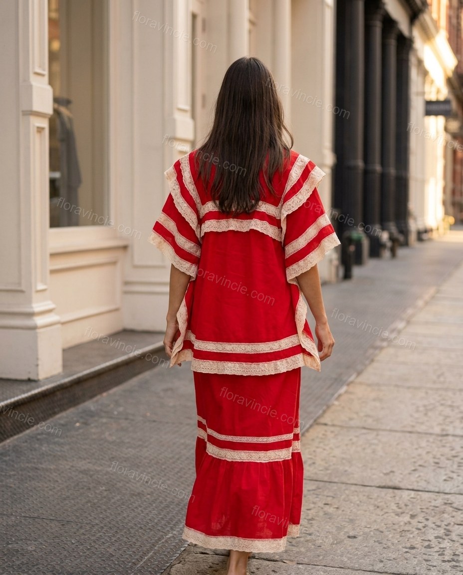 Red Striped Maxi Tiered Dress, movement and fit lifestyle view, by Floravincie