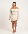 Off-white Mini Off-Shoulder Ruffled Dress, front studio view, by Floravincie