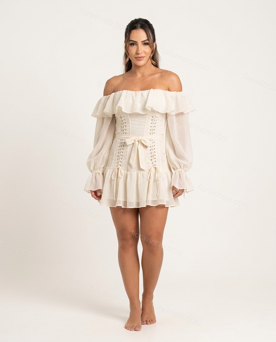 Off-white Mini Off-Shoulder Ruffled Dress, front studio view, by Floravincie