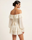 Off-white Mini Off-Shoulder Ruffled Dress, back studio view showing corset lacing visible, by Floravincie