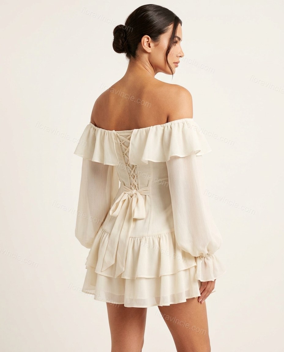 Off-white Mini Off-Shoulder Ruffled Dress, back studio view showing corset lacing visible, by Floravincie