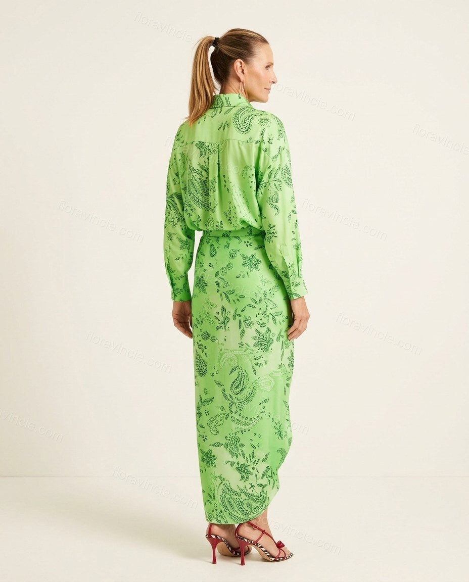 Green Paisley Asymmetric Satin Shirt & Skirt Set, back studio view showing unknown, likely plain with a yoke, by Floravincie