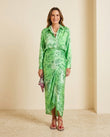 Green Paisley Asymmetric Satin Shirt & Skirt Set, full-length hero view, by Floravincie