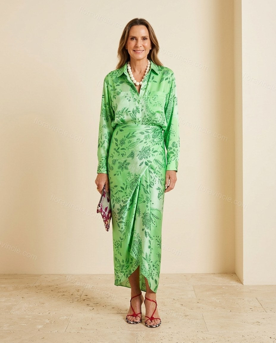 Green Paisley Asymmetric Satin Shirt & Skirt Set, full-length hero view, by Floravincie