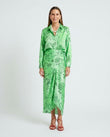 Green Paisley Asymmetric Satin Shirt & Skirt Set, front studio view, by Floravincie