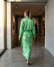 Green Paisley Asymmetric Satin Shirt & Skirt Set, movement and fit lifestyle view, by Floravincie