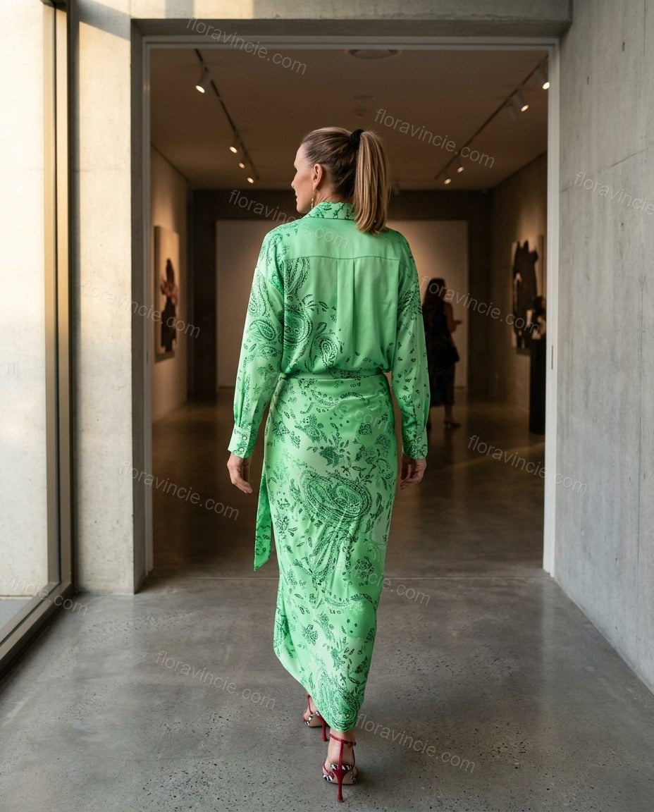Green Paisley Asymmetric Satin Shirt & Skirt Set, movement and fit lifestyle view, by Floravincie