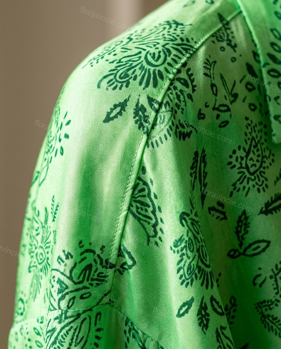 Green Paisley Asymmetric Satin Shirt & Skirt Set, close-up of paisley, by Floravincie