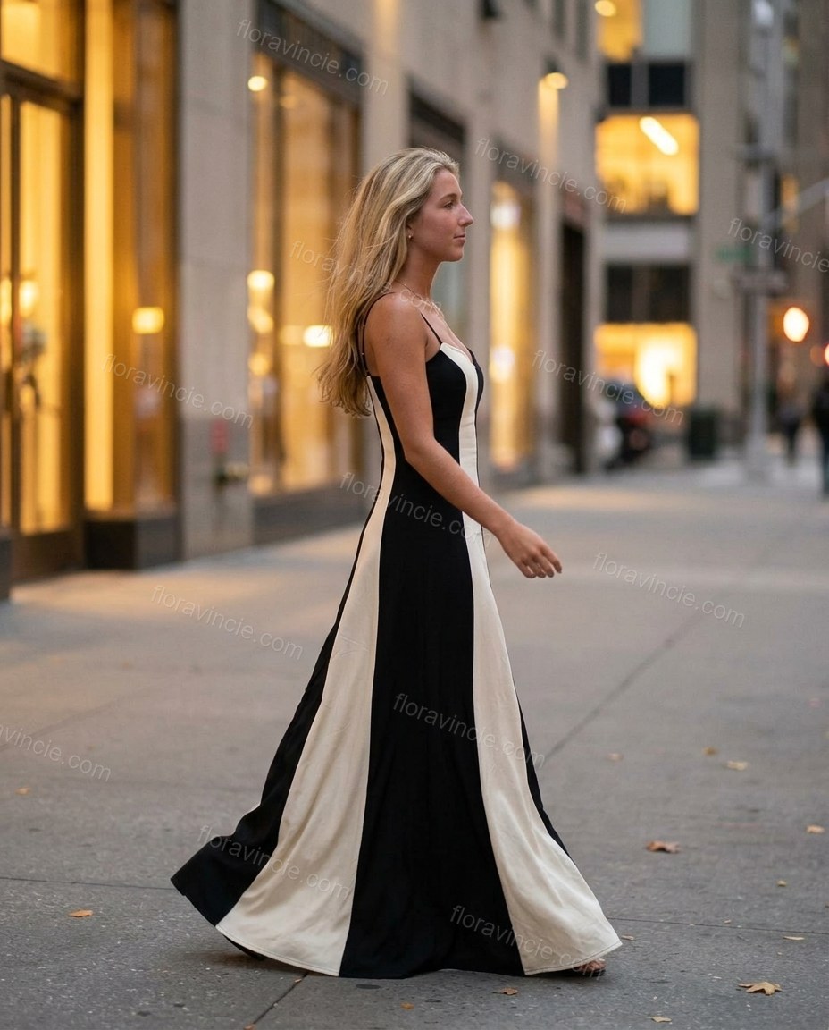 Cream Color-Block Maxi Dress, movement and fit lifestyle view, by Floravincie