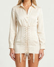 Off-white Lace Jumpsuit, close-up of collared neckline, button-front closure and long sleeves with cuffs, by Floravincie
