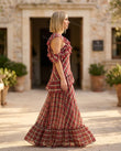 Red Plaid Maxi One-Shoulder Dress, movement and fit lifestyle view, by Floravincie