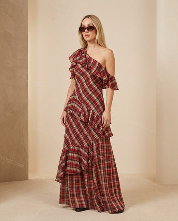 Red Plaid Maxi One-Shoulder Dress, full-length hero view, by Floravincie