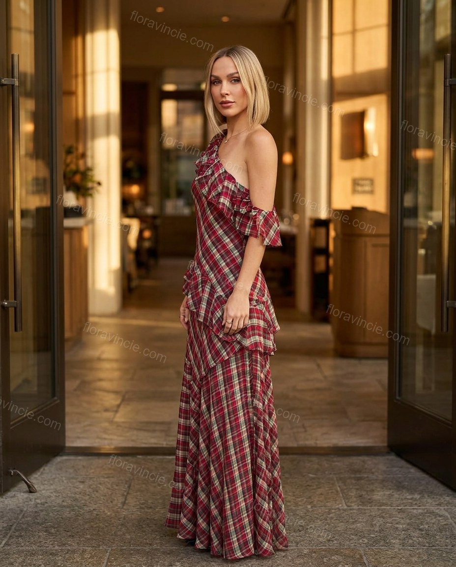 Red Plaid Maxi One-Shoulder Dress, three-quarter brand lifestyle view, by Floravincie