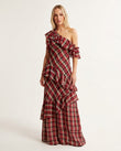 Red Plaid Maxi One-Shoulder Dress, front studio view, by Floravincie