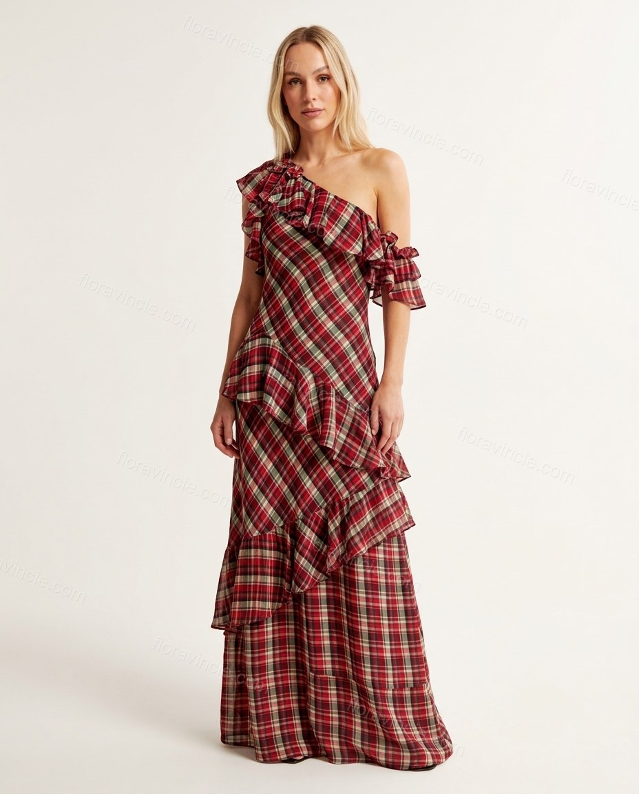 Red Plaid Maxi One-Shoulder Dress, front studio view, by Floravincie