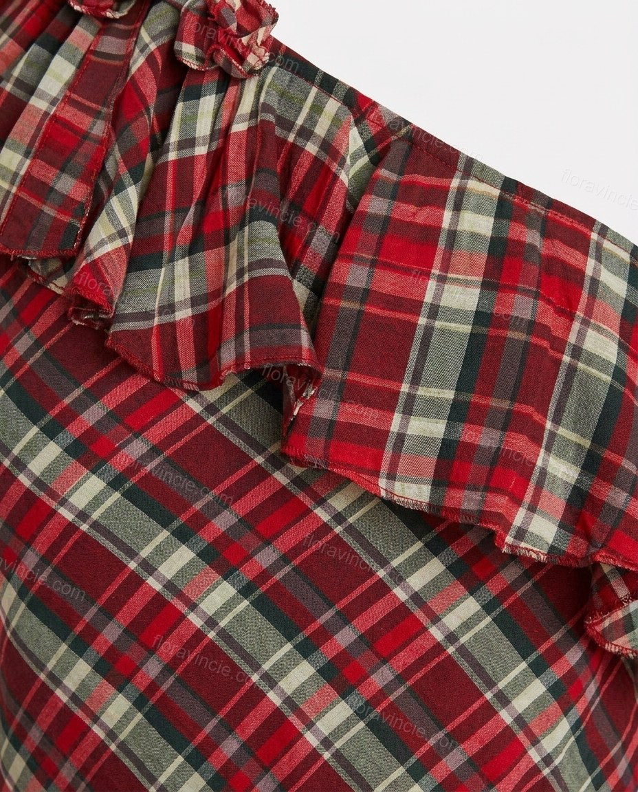 Red Plaid Maxi One-Shoulder Dress, close-up of plaid, by Floravincie