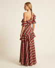 Red Plaid Maxi One-Shoulder Dress, back studio view showing exposed back with ruffles, by Floravincie