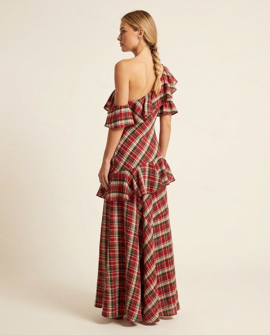 Red Plaid Maxi One-Shoulder Dress, back studio view showing exposed back with ruffles, by Floravincie