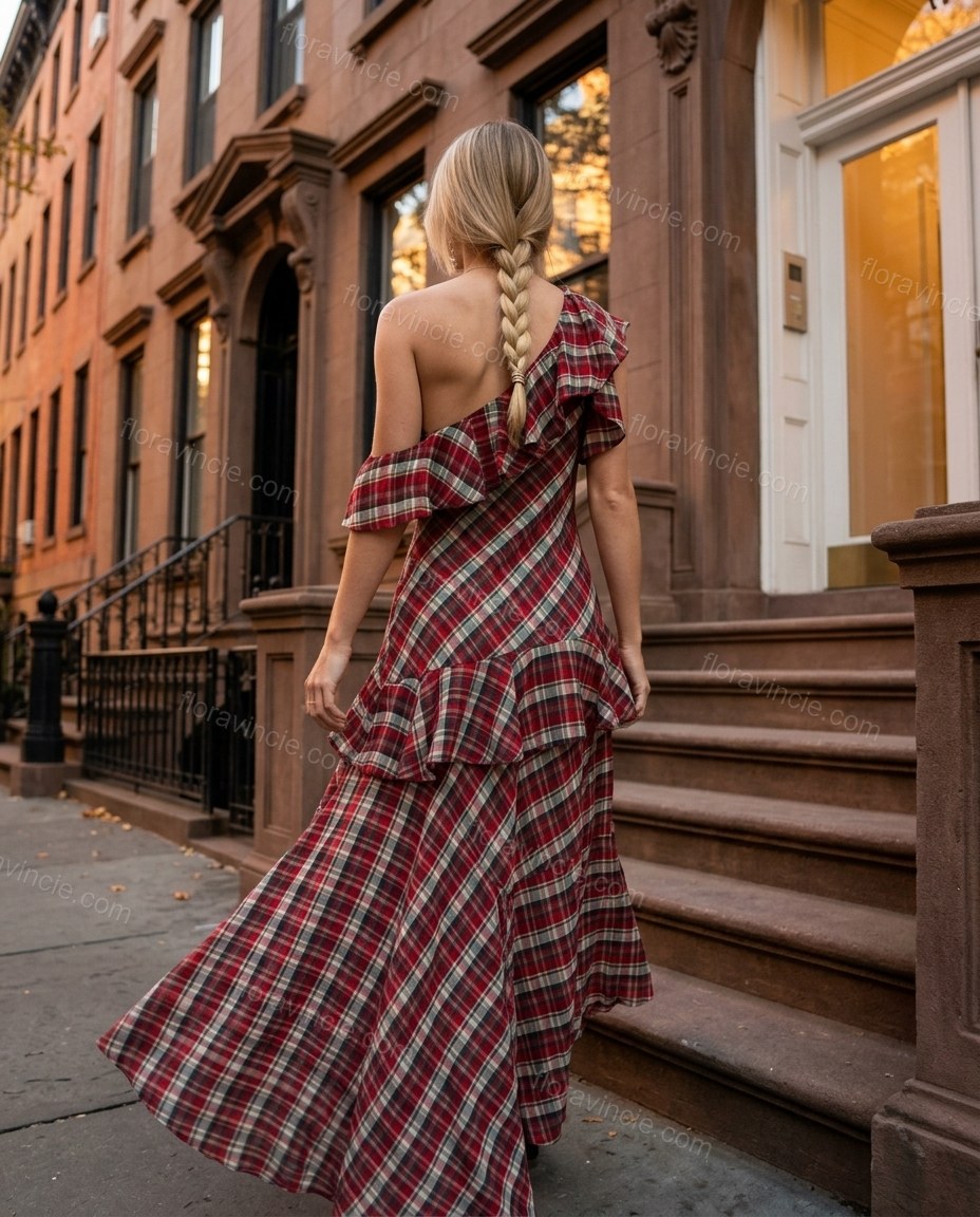 Red Plaid Maxi One-Shoulder Dress, alternate use-case lifestyle view, by Floravincie