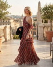 Red Plaid Maxi One-Shoulder Dress, walking lifestyle view, by Floravincie