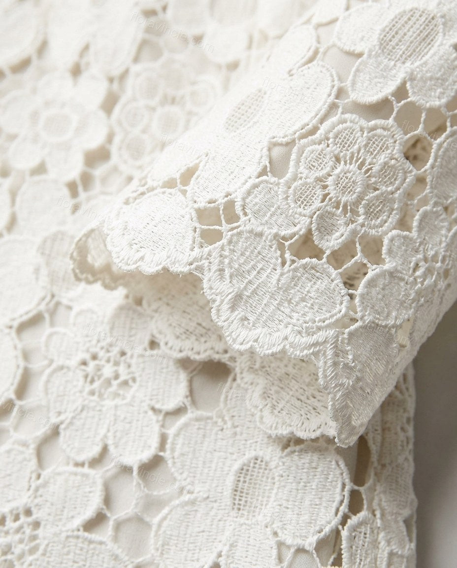 White Floral Mini Open-Back Dress, close-up of floral and scalloped hem, by Floravincie