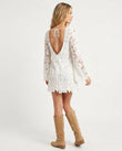 White Floral Mini Open-Back Dress, back studio view showing open back with tie closure, by Floravincie